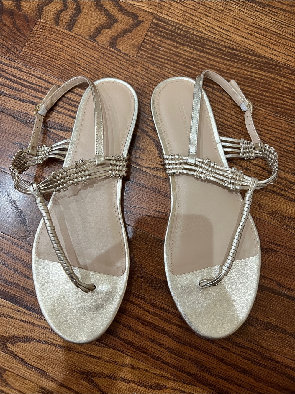 Veronica Beard Metallic Gold Braided T-Strap Flat Sandals
